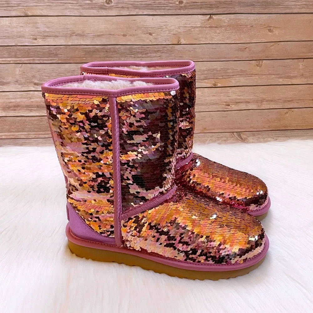 UGG Women’s Classic Short Sequin Pink Boots - Picture 1 of 8